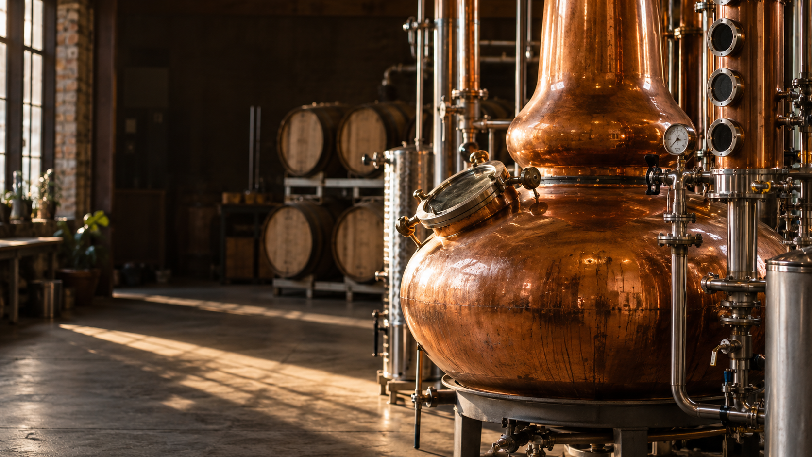 Copper still and equipment inside a craft distillery